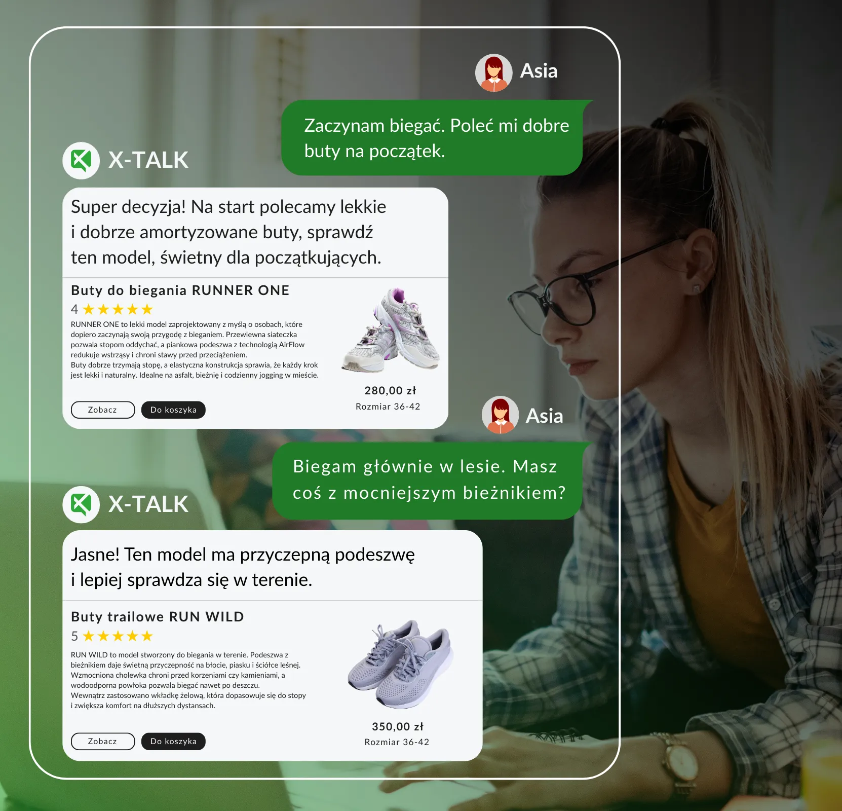 Chatbot do obsługi klienta pomagający kobiecie w wyborze piłki dla psa w sklepie internetowym