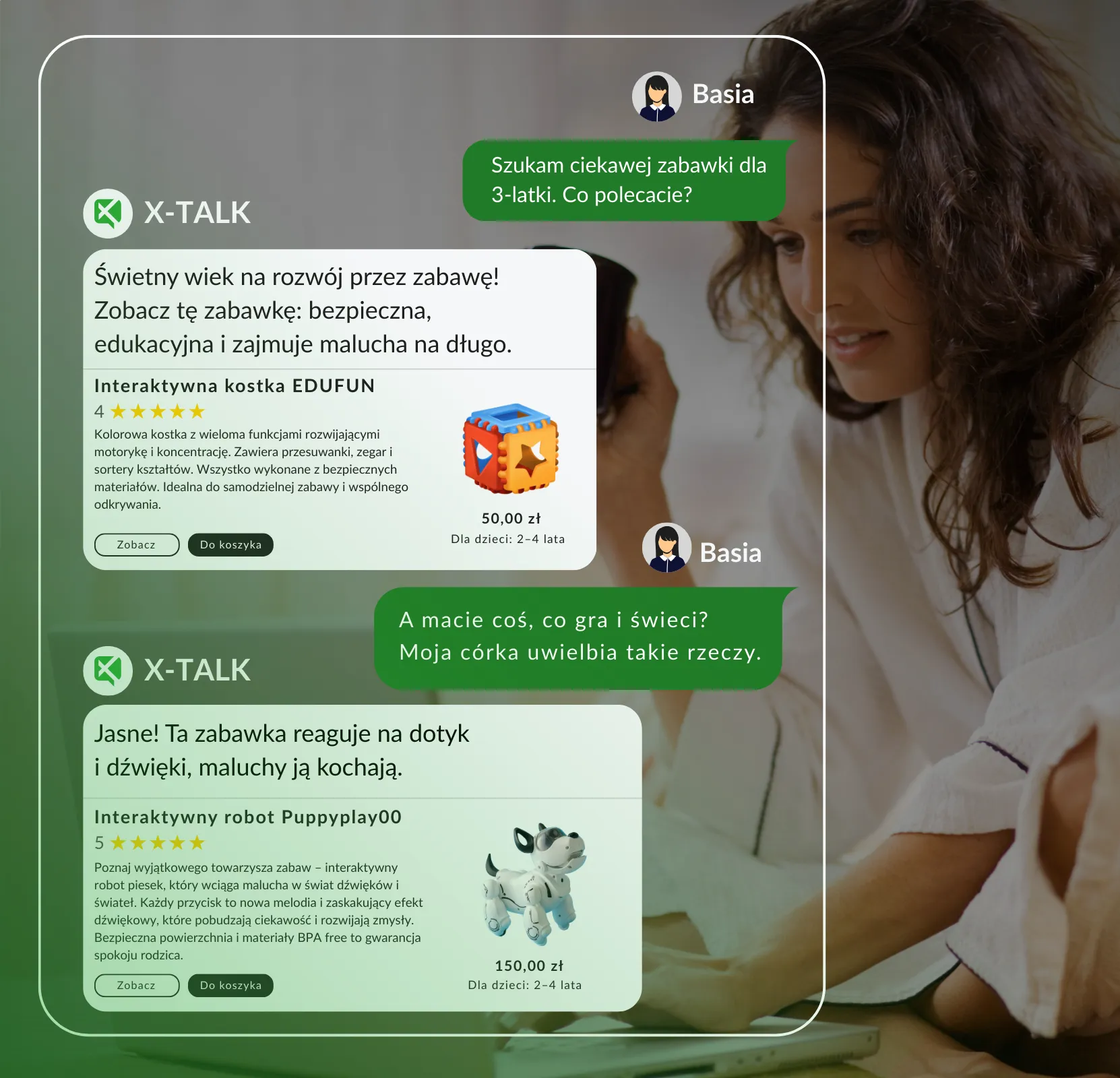 Chatbot do obsługi klienta pomagający kobiecie w wyborze piłki dla psa w sklepie internetowym