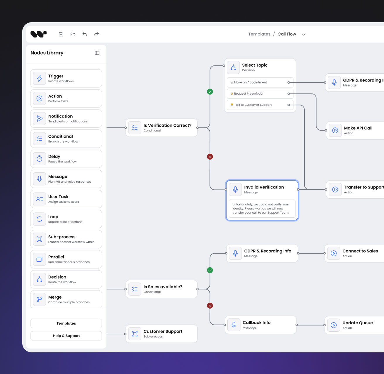 A UI of a workflow application presenting a workflow diagram with connected nodes. In the top left corner is a sidebar with selection of various assets.