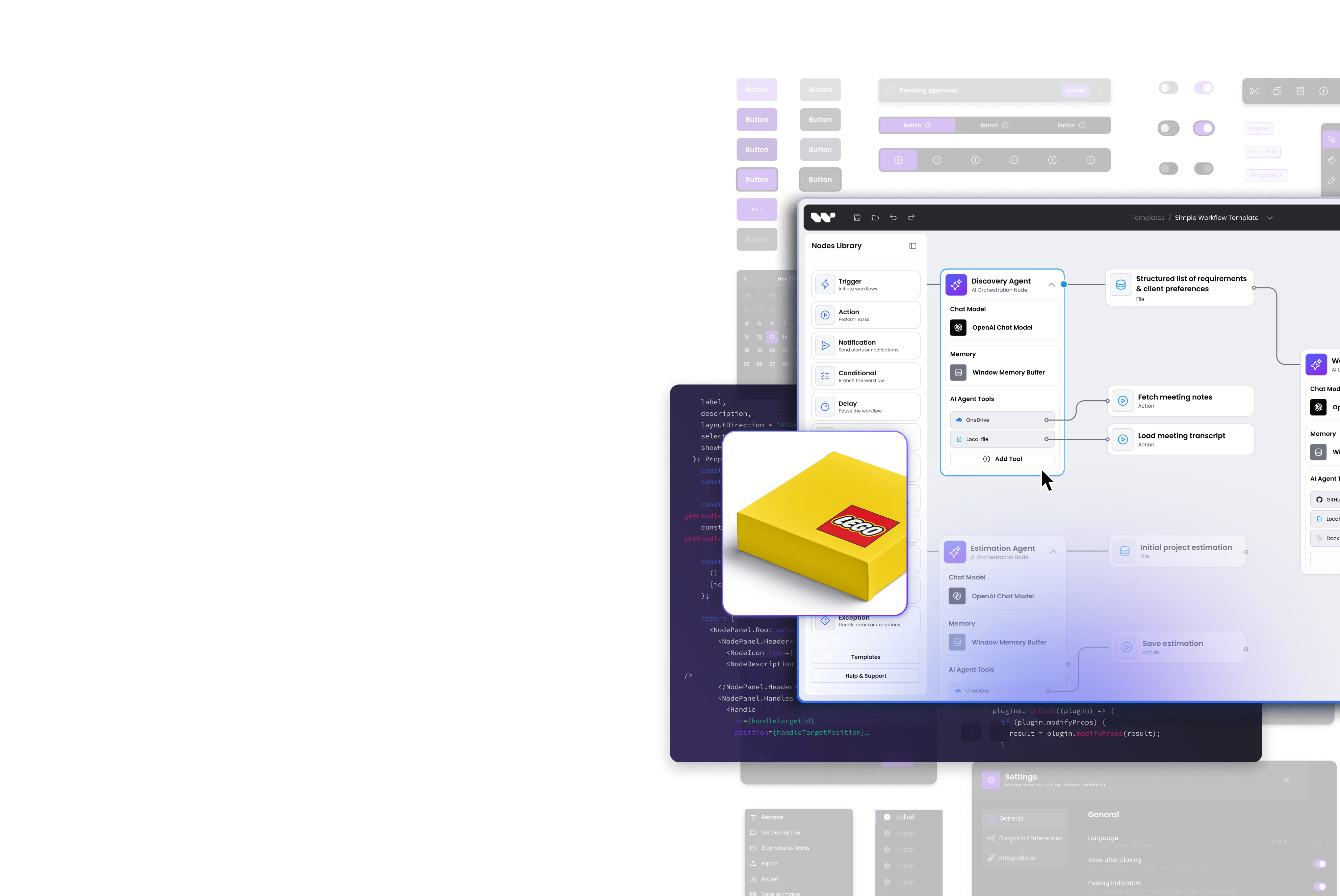 Interface of a workflow builder app with connected nodes and UI components.