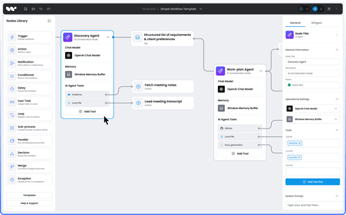 A workflow consisting of several linked objects, with a property sidebar on the right side and objects library on the left side