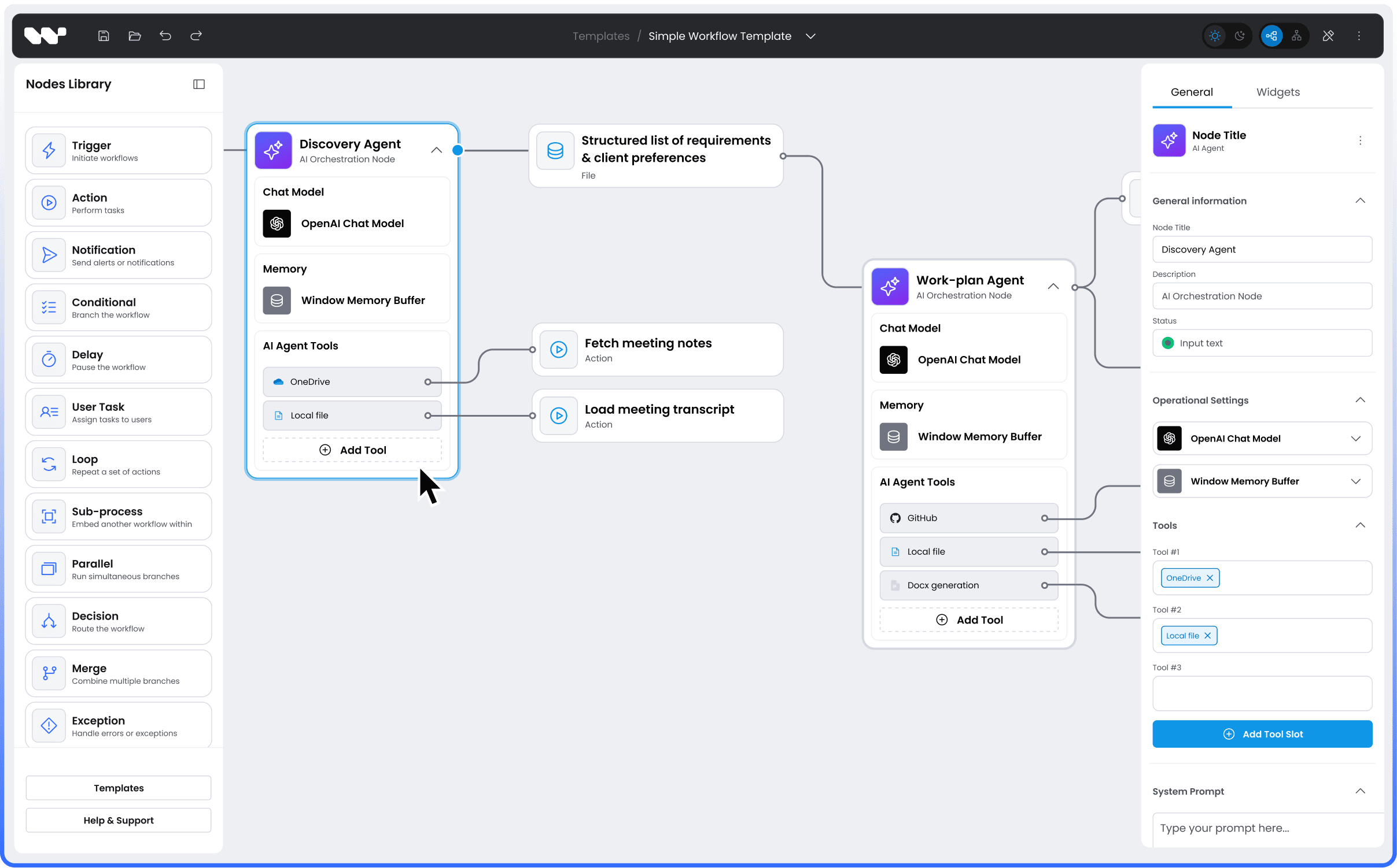 A workflow consisting of several linked objects, with a property sidebar on the right side and objects library on the left side