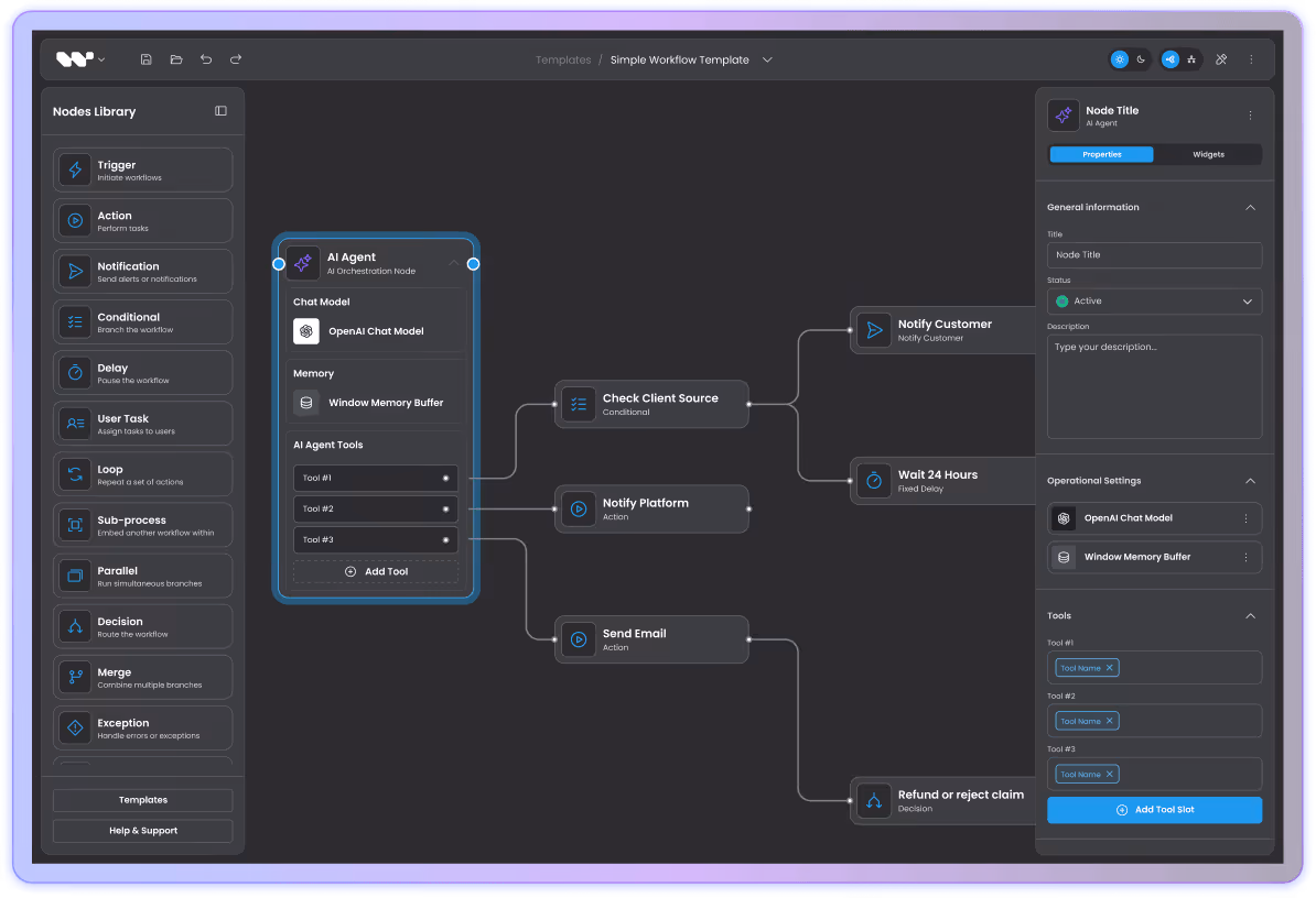 Workflow automation interface showing nodes library, AI agent with tools, and a flowchart for client source check, notifications, email, and claim decisions.