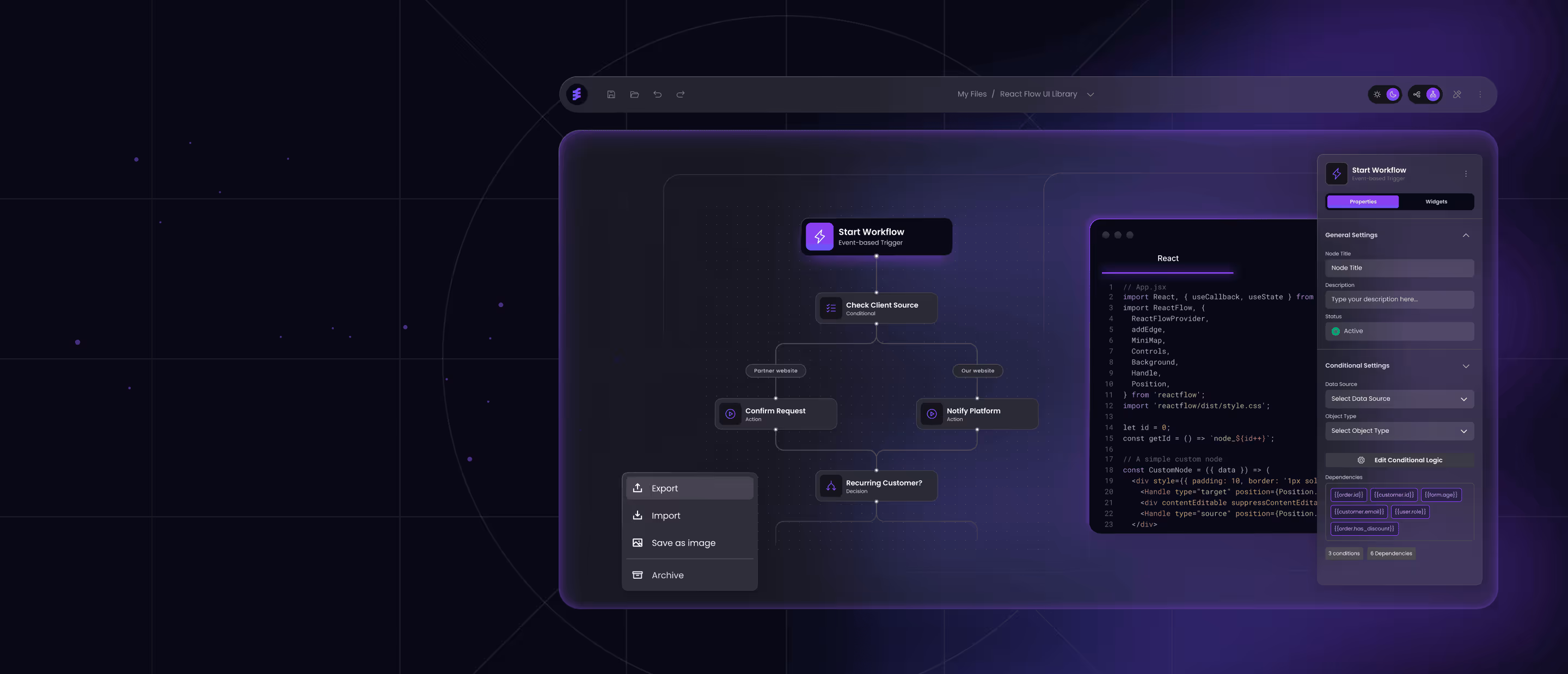 Dark-themed UI showing a flow-based workflow editor with node properties panel, export options, and embedded JSON code preview.