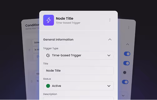 User interface panel displaying settings for a node titled 'Node Title' with time-based trigger, active status, and fields for trigger type, title, status, and description.
