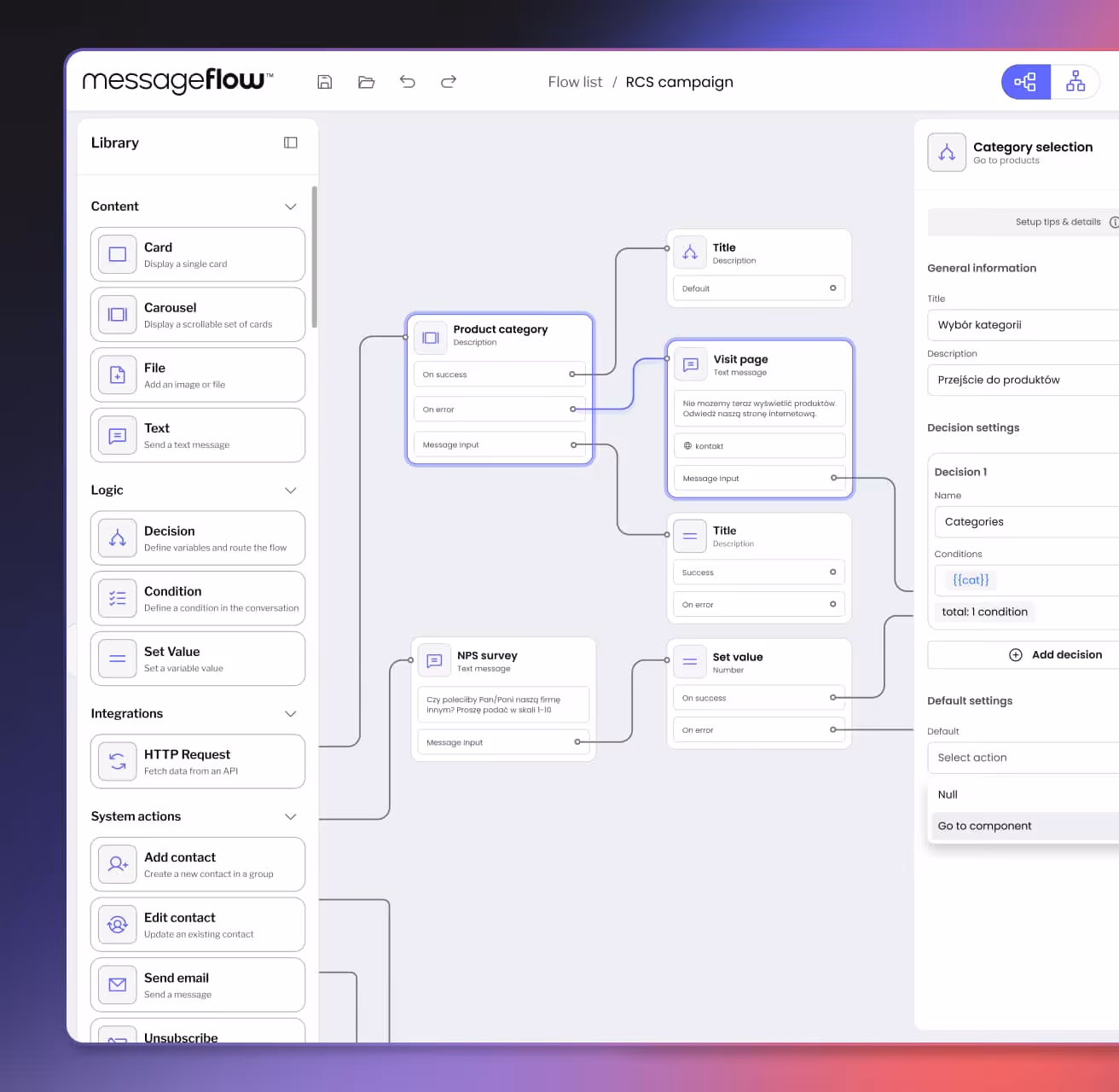 A UI of a workflow application presenting a workflow diagram with 10 nodes. In the top left corner is a sidebar with selection of various features. 
