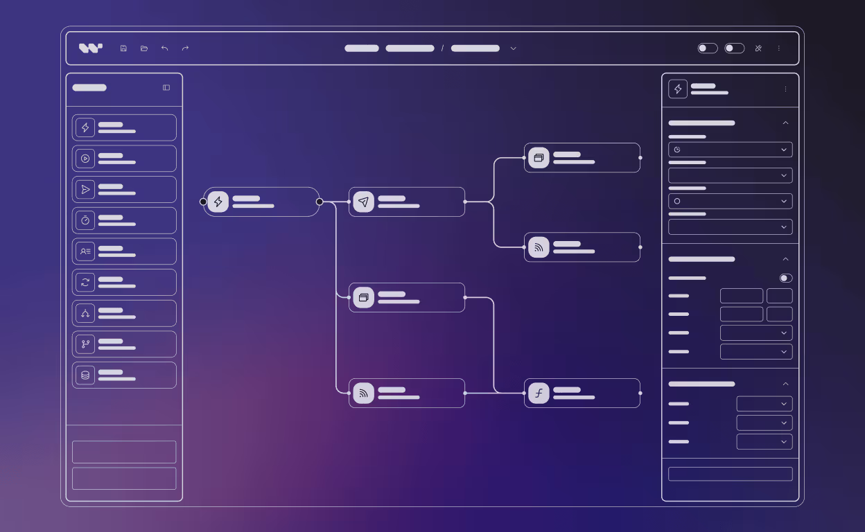 A fragment of Workflow Builder's UI presenting a sidebar with features and functionalities, top navigation bar, a logotype, and part of a workflow diagram built on canvas.
