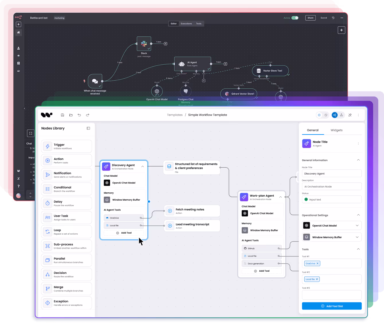 User interface of a workflow automation tool showing a visual editor with nodes for Discovery Agent and Work-plan Agent, node library, and node settings panel.