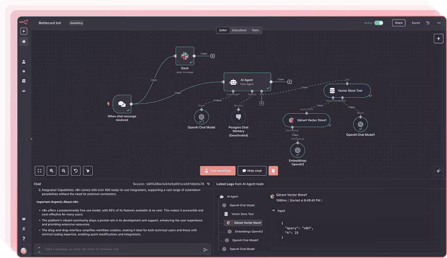 Workflow editor interface showing interconnected nodes including Slack, AI Agent, Vector Store Tool, and chat models, with a chat window and logs display below.