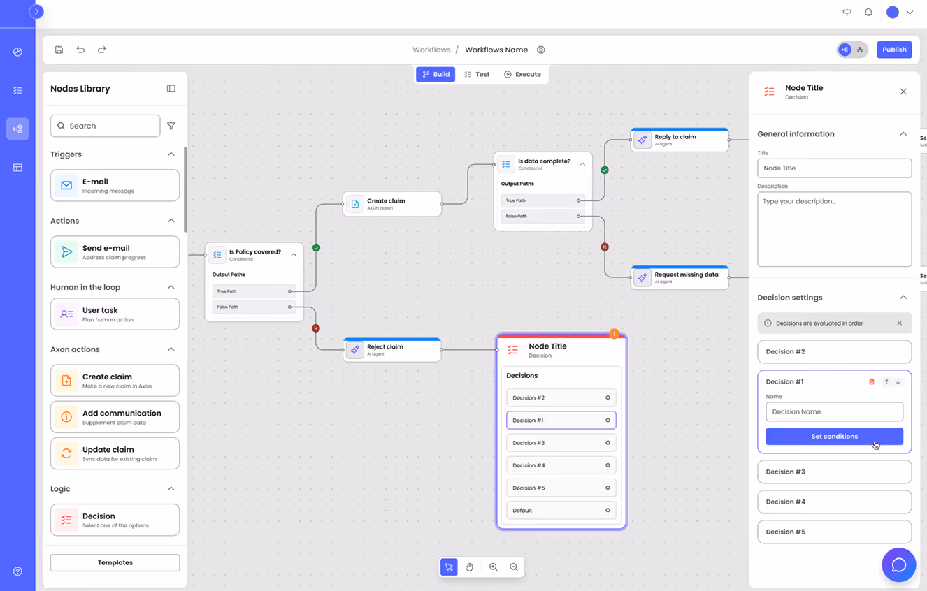 Workflow automation interface showing nodes and paths for processing claims