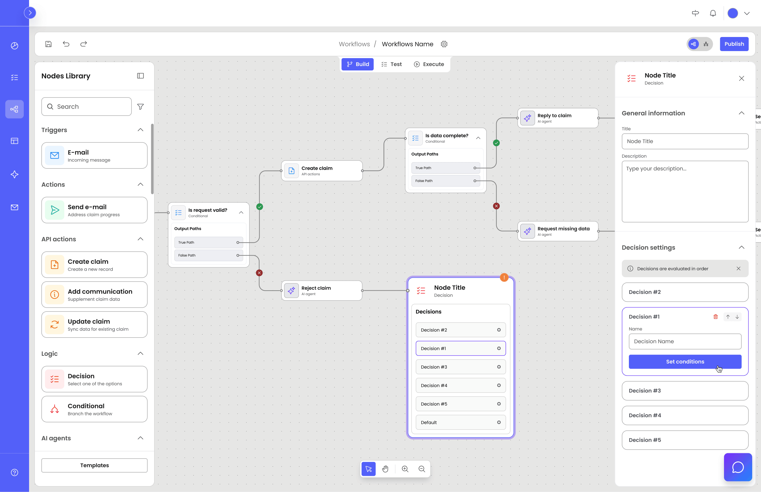 Workflow automation interface showing nodes and paths for processing claims
