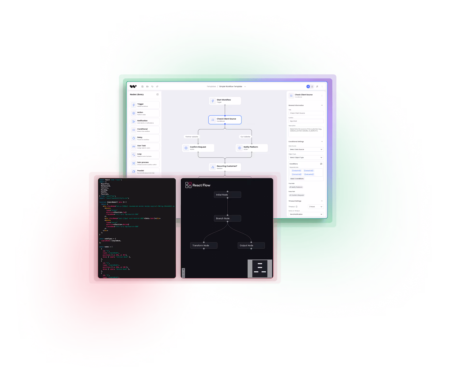 Workflow Builder interface with overlapping code editor and React Flow panel.