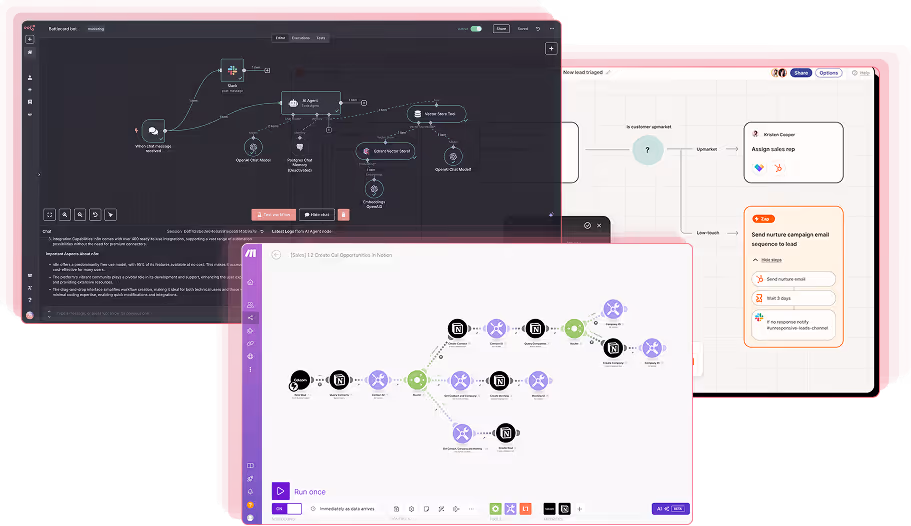 Screens showing workflow automation chains connecting apps like Notion and Zapier in dark and light modes.