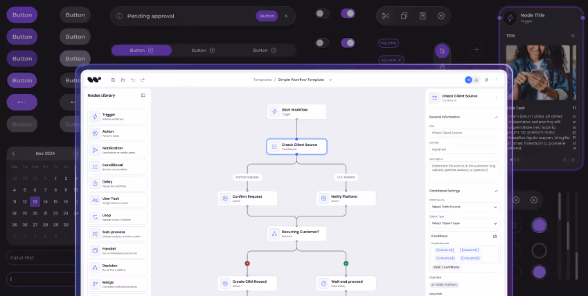 Workflow editor interface showing nodes library, workflow diagram, and node settings on a dark background.