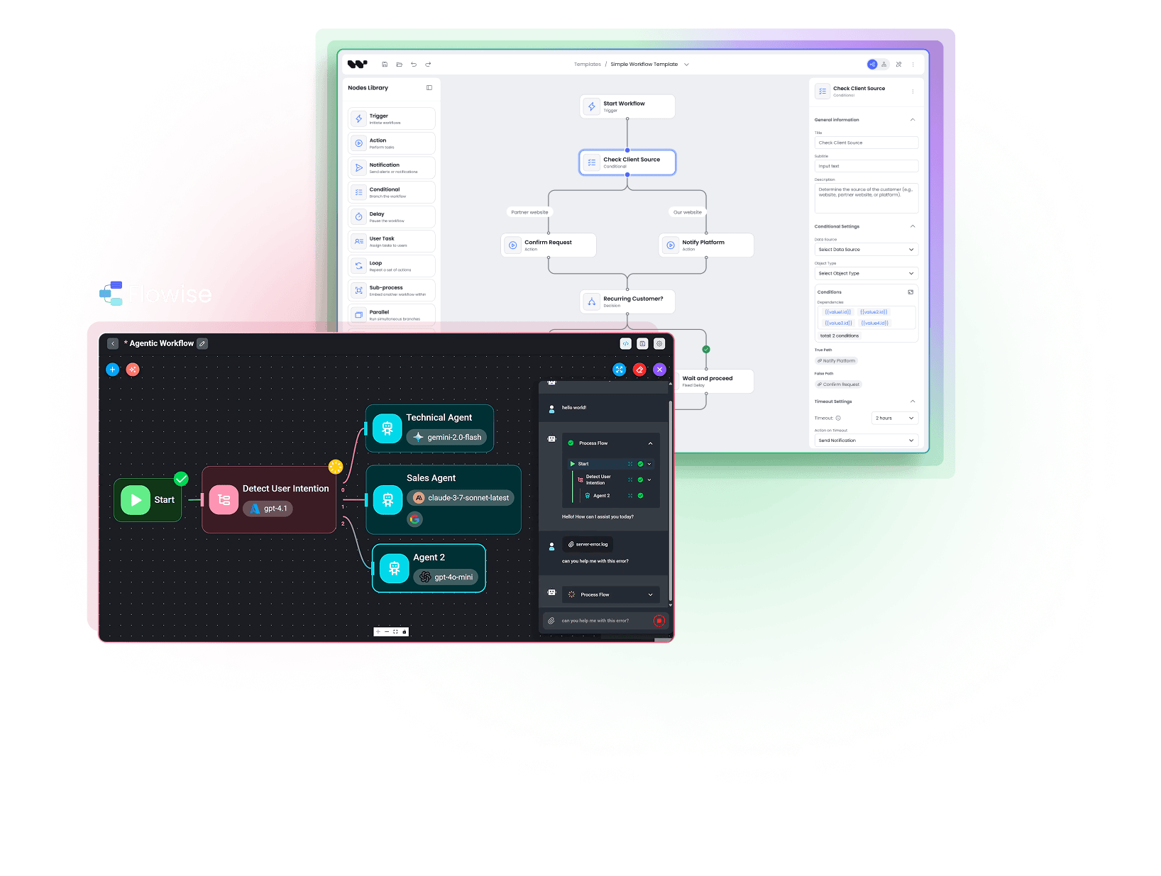 Workflow Builder interface with overlapping code editor and React Flow panel.