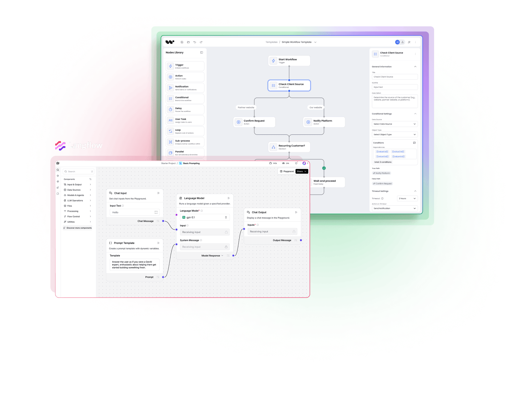 Workflow Builder interface with overlapping code editor and React Flow panel.