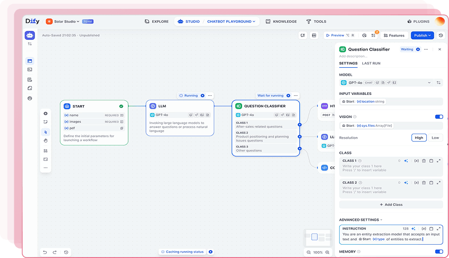 Workflow diagram using GPT-4o for language processing and question classification in a chatbot studio interface.
