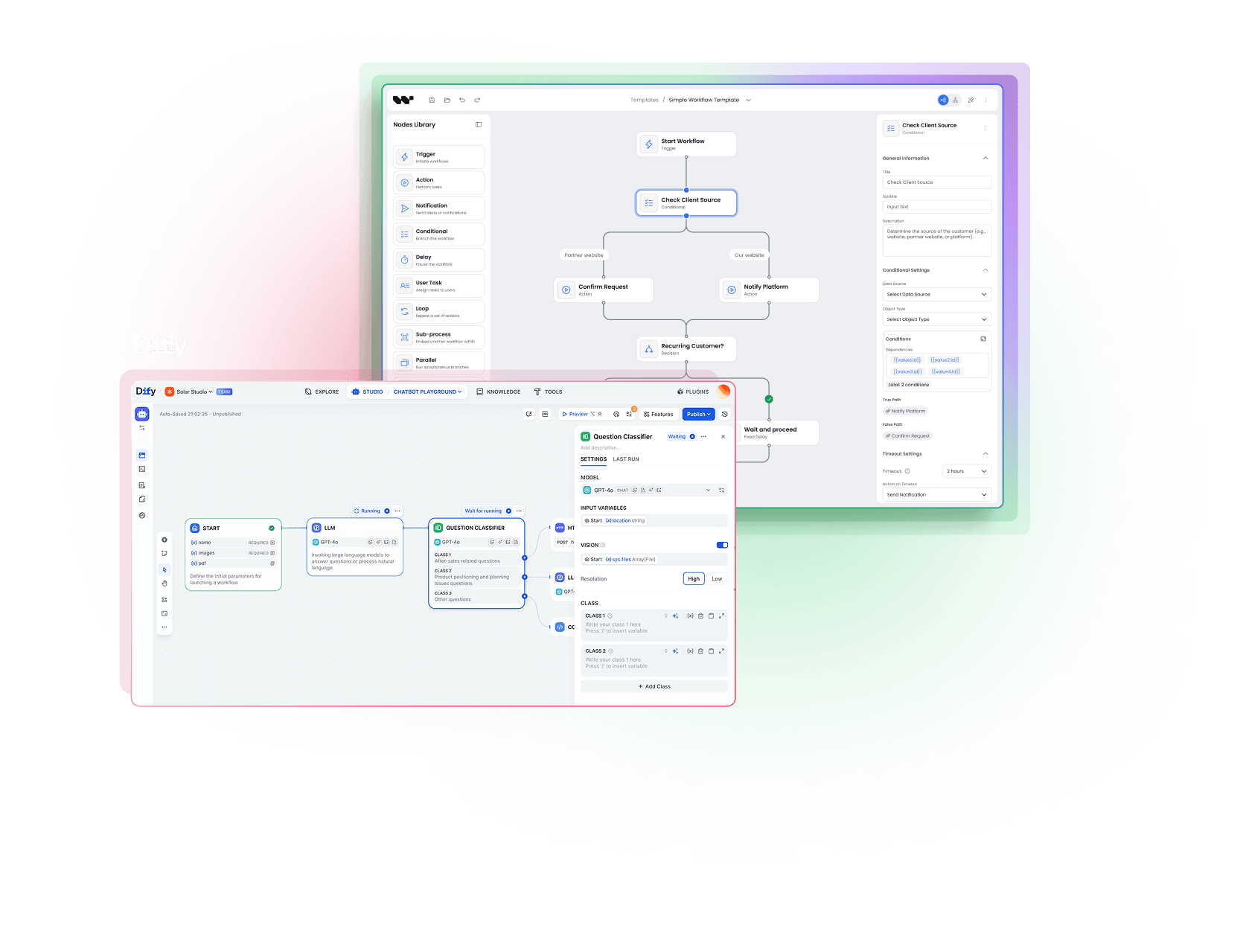 Workflow Builder interface with overlapping code editor and React Flow panel.