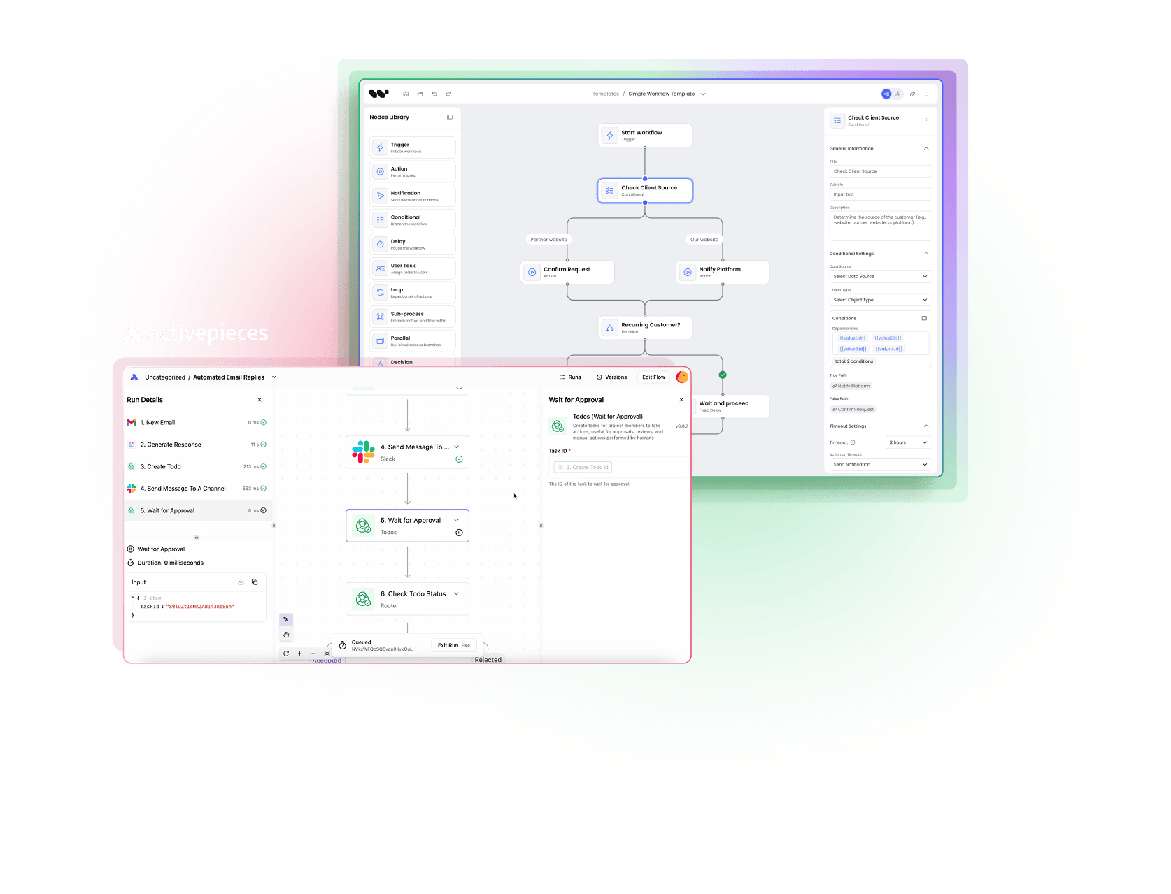Workflow Builder interface with overlapping code editor and React Flow panel.