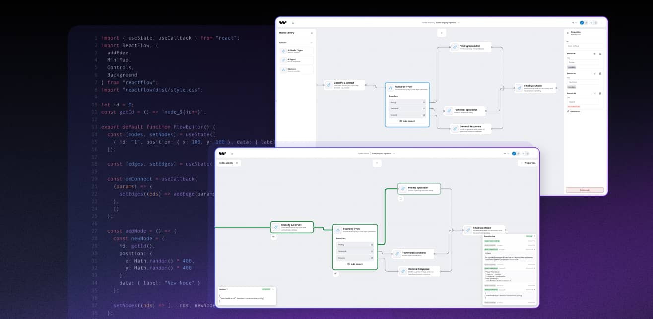 Two computer screens showing coding on left and AI workflow diagrams with nodes connected in flowcharts.