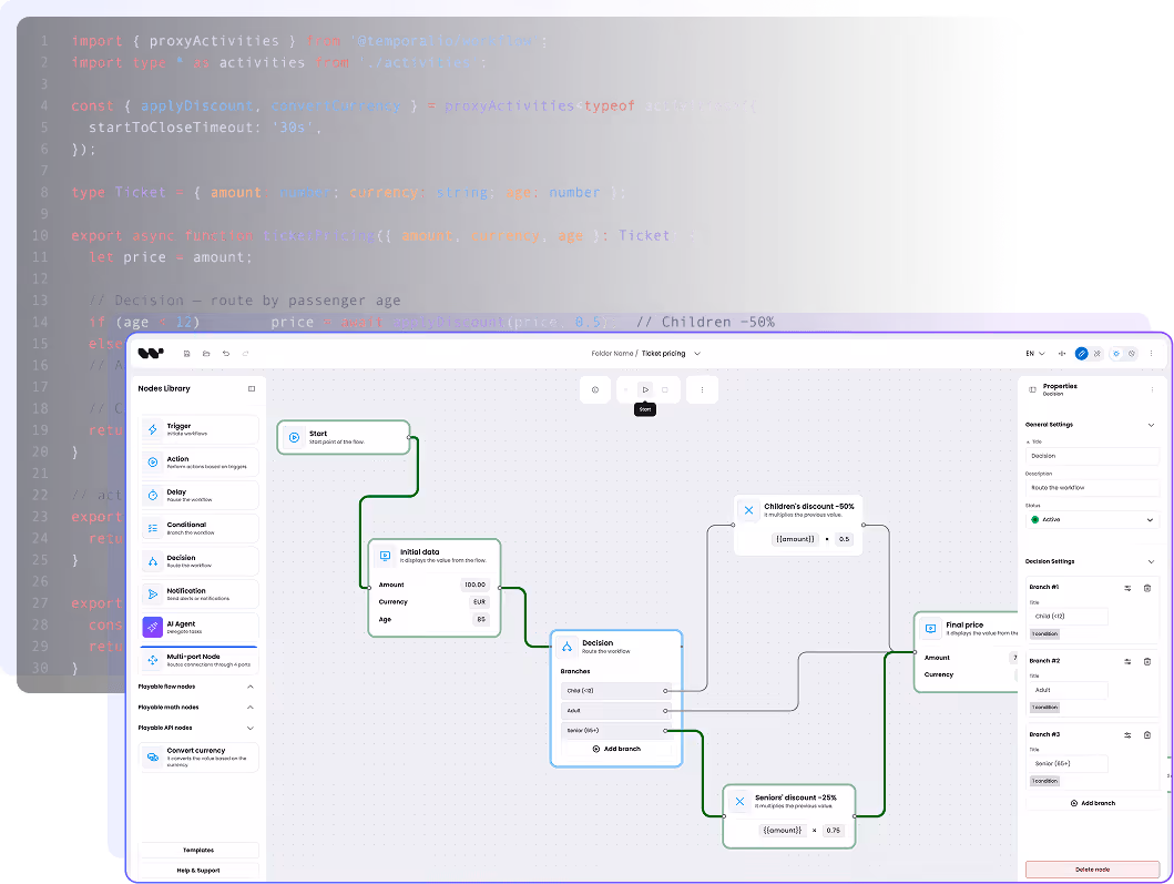 Workflow editor with a decision node for ticket pricing applying discounts based on passenger age groups.