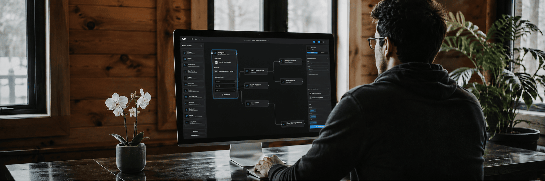 Man working on desktop with workflow software in cozy wooden room with plants and windows.