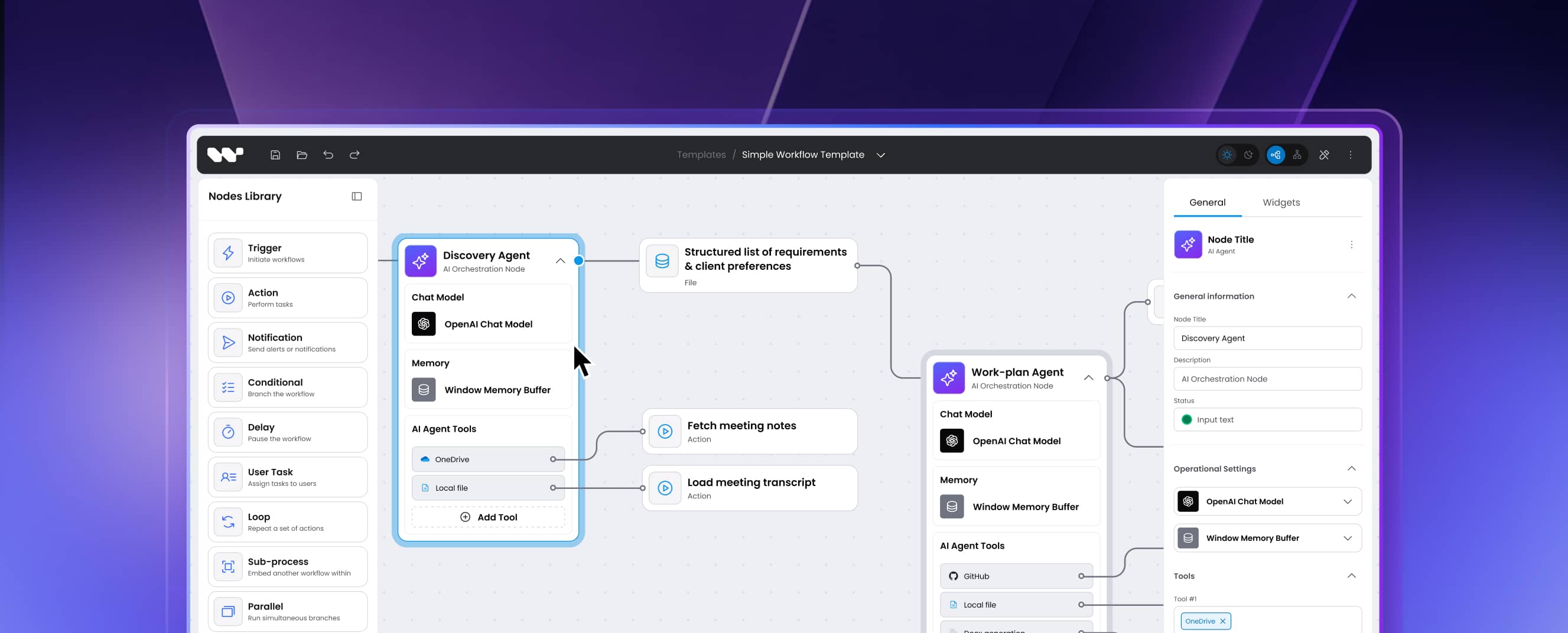 Workflow Builder canvas showing AI agent nodes connected into a workflow