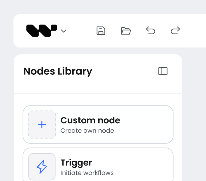 User interface showing Nodes Library with Custom node and Trigger options plus top toolbar icons.