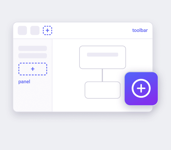 User interface showing a toolbar, a panel with a plus button, and a simple flowchart diagram.