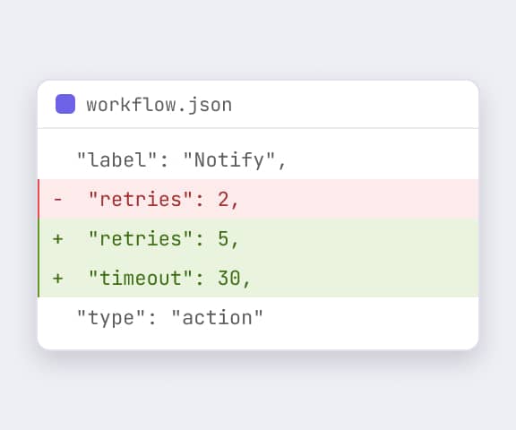 Code snippet showing JSON changes: retries updated from 2 to 5 and timeout set to 30 in workflow.json.