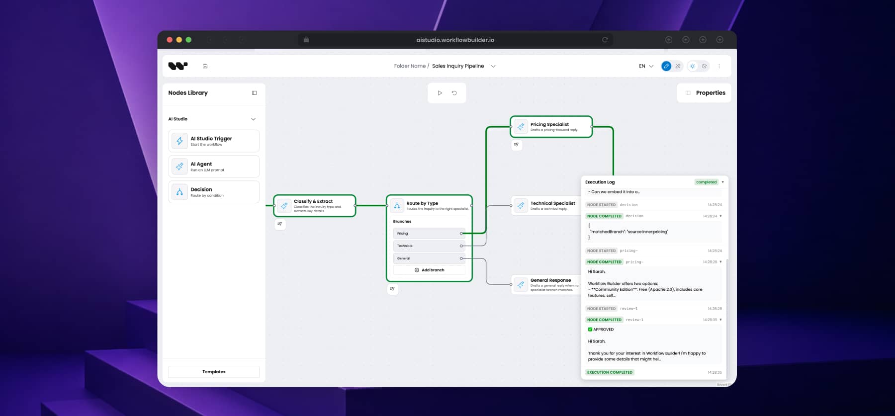 Screenshot of AI workflow builder interface showing sales inquiry pipeline with nodes and execution log.