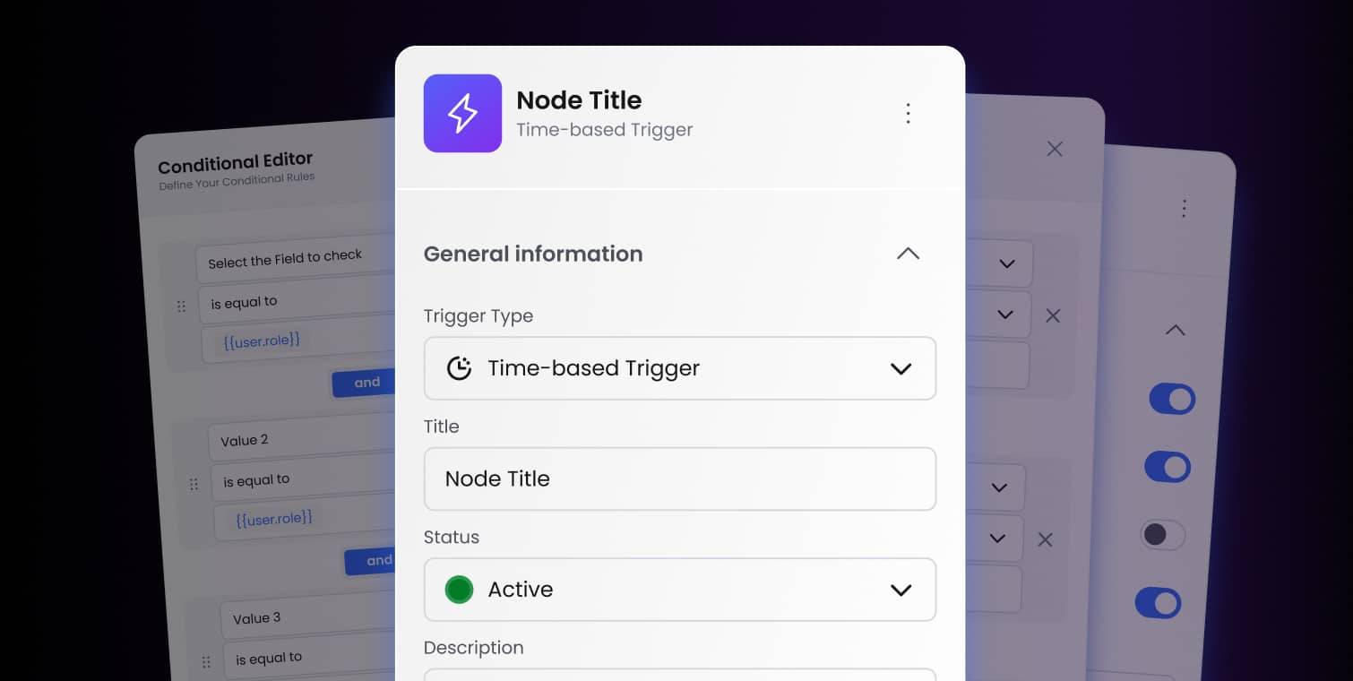 User interface showing workflow automation node settings with time-based trigger and active status.
