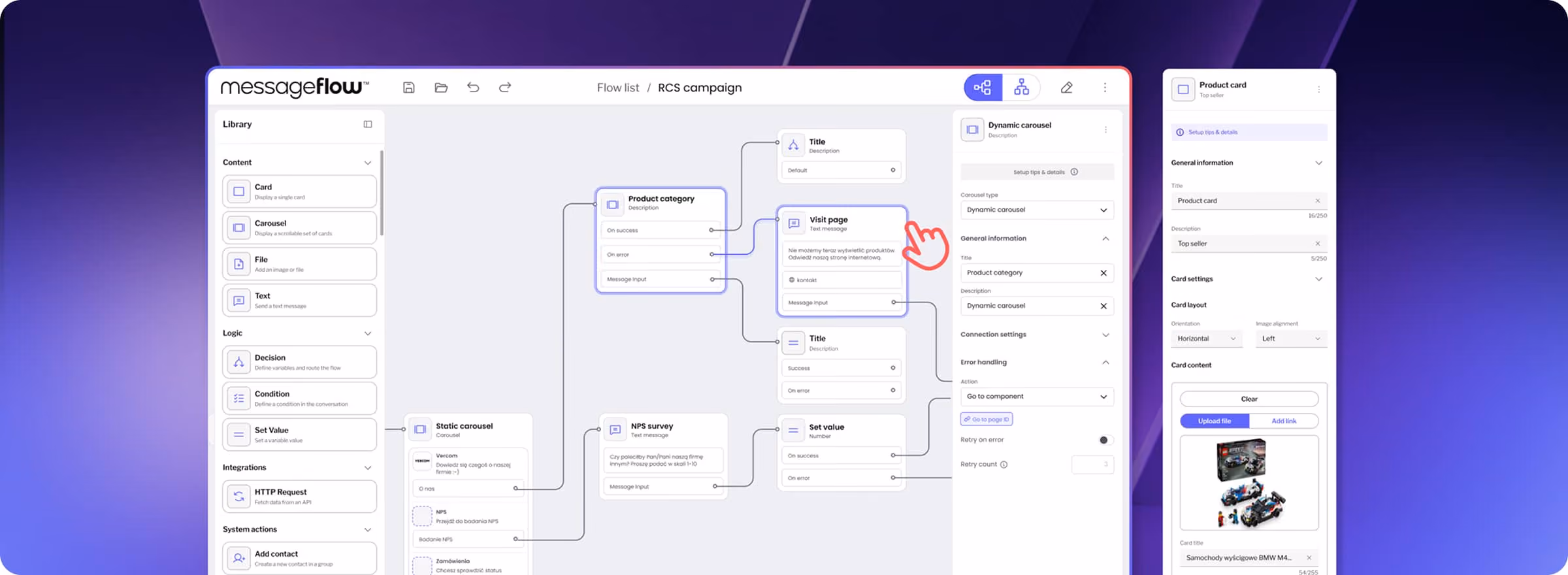MessageFlow interface showing RCS campaign flow with content blocks, logic, and product card editor.