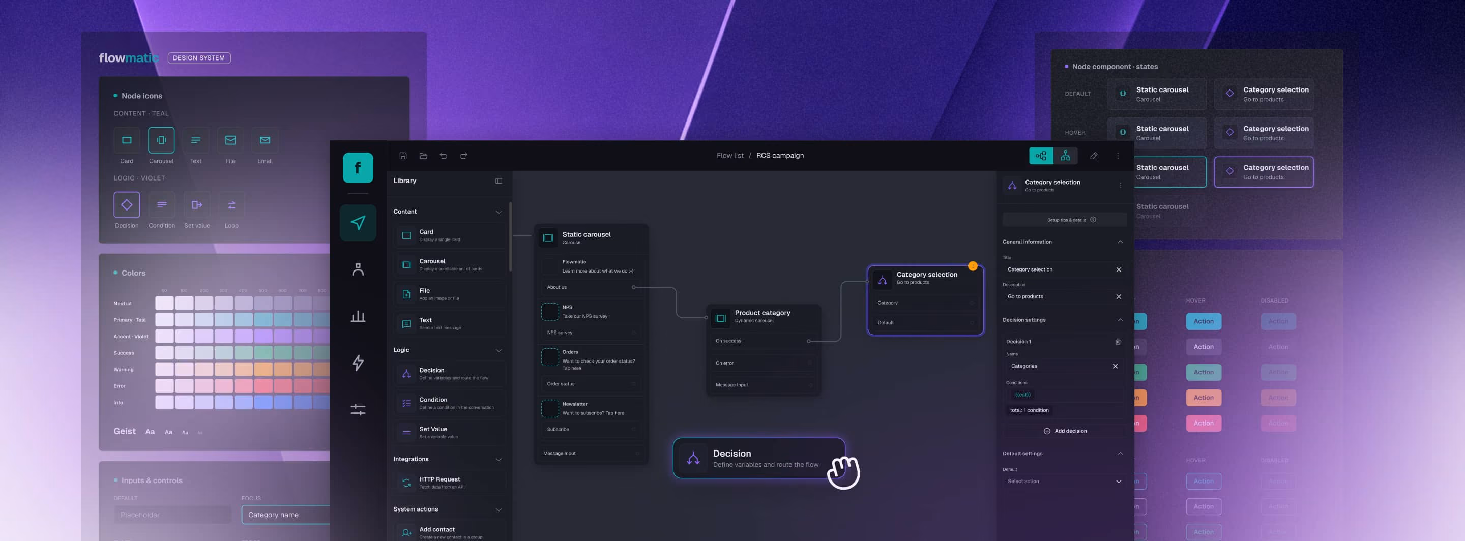 Dashboard interface showing a flow design system with content blocks and logic nodes on a purple background.