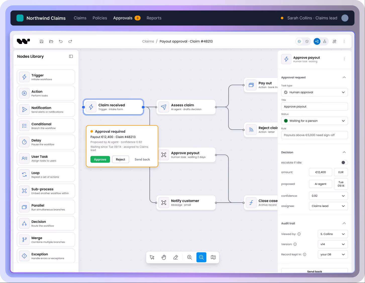 Workflow Builder editor embedded in a client's claims product: client top bar, a claim approval flow with an AI assessment step, an 'Approval required' panel with Approve, Reject and Send back, and a properties panel with the approval request and audit trail.