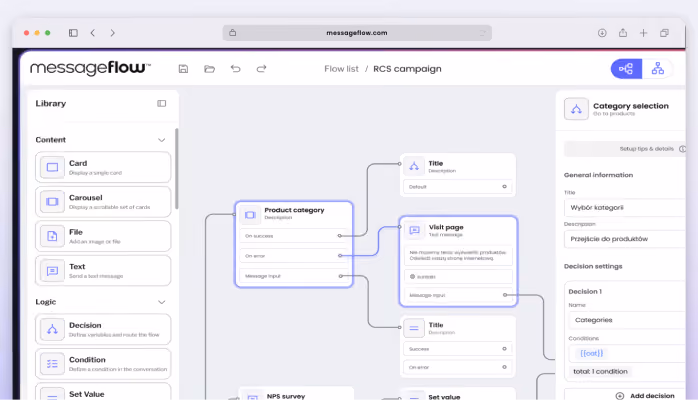 MessageFlow by Vercom: an RCS campaign flow being edited in the embedded Workflow Builder editor.