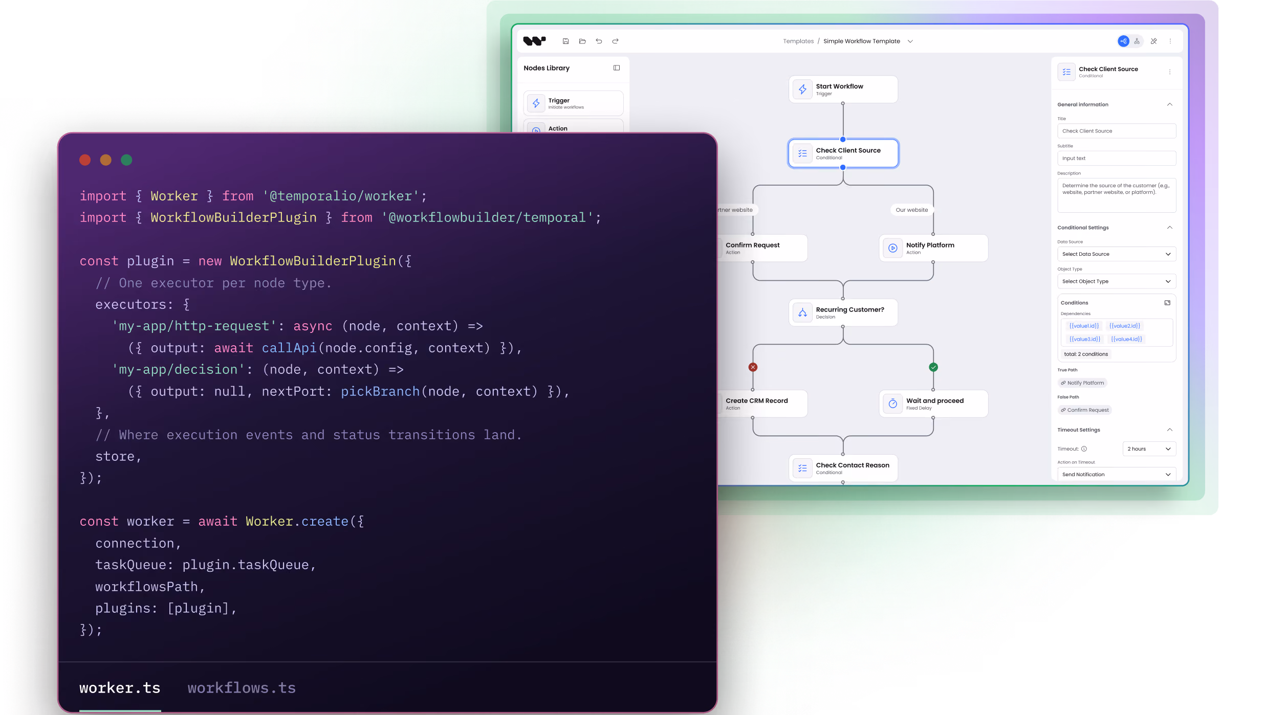 Workflow Builder editor showing a workflow diagram, next to a worker.ts code window that registers the WorkflowBuilderPlugin with executors on a Temporal worker.