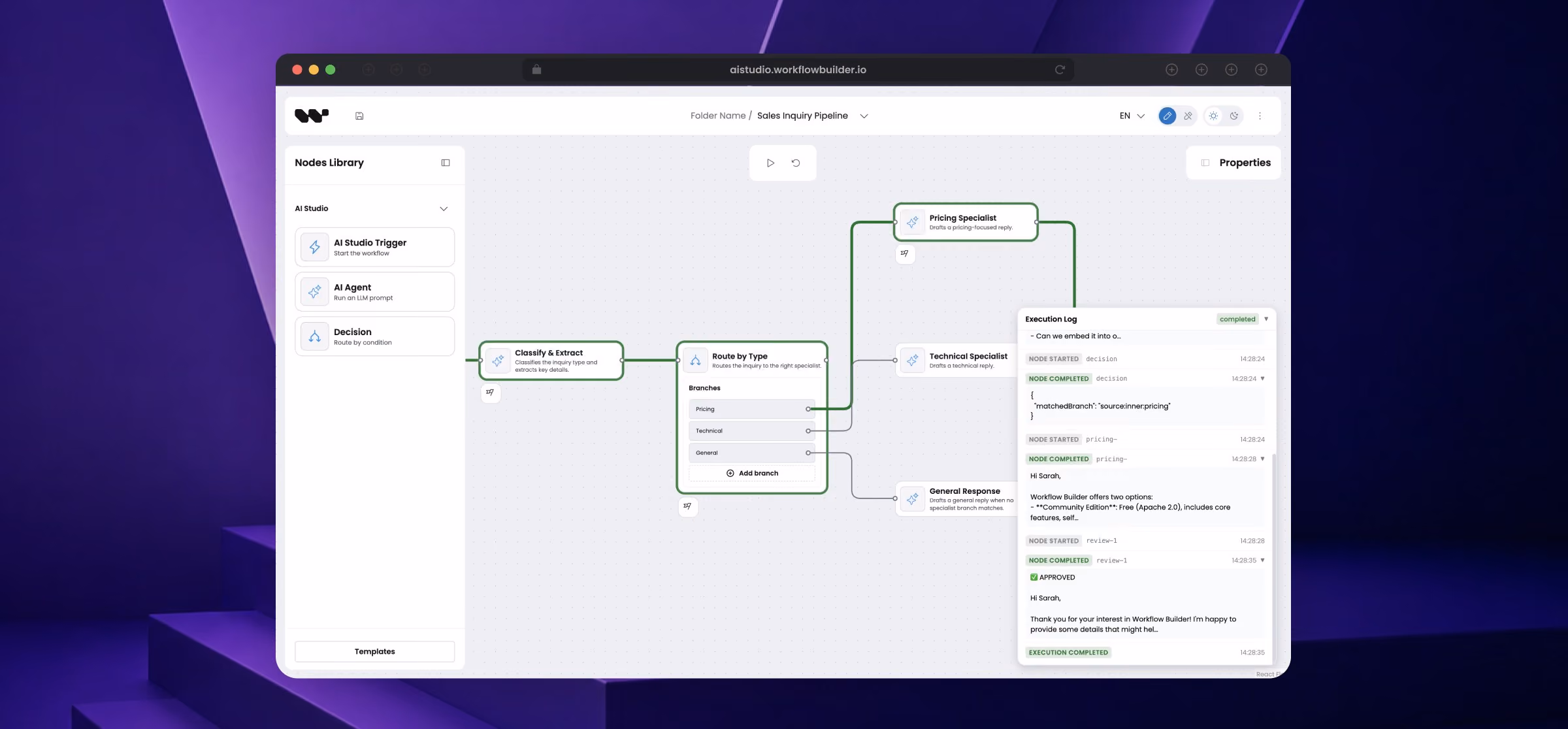 AI Studio, the reference frontend of the full-stack demo, showing a Sales Inquiry Pipeline workflow with classify, route, specialist and response steps, next to an execution log of node starts, completions and an approval.