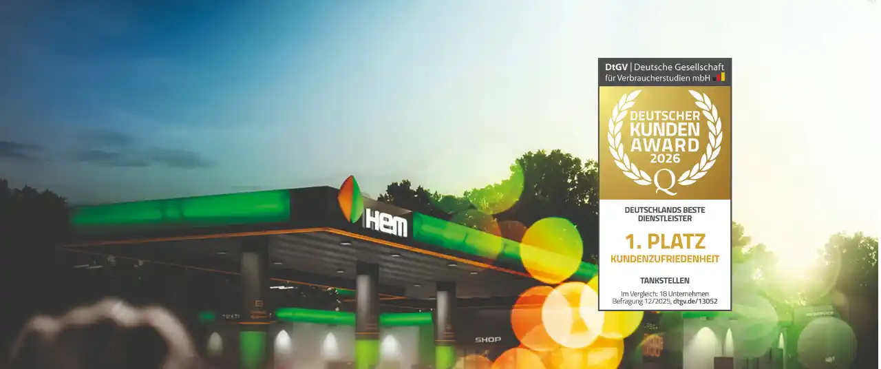 Eine HEM Tankstelle mit dem Siegel für Kundenzufriedenheit 2026