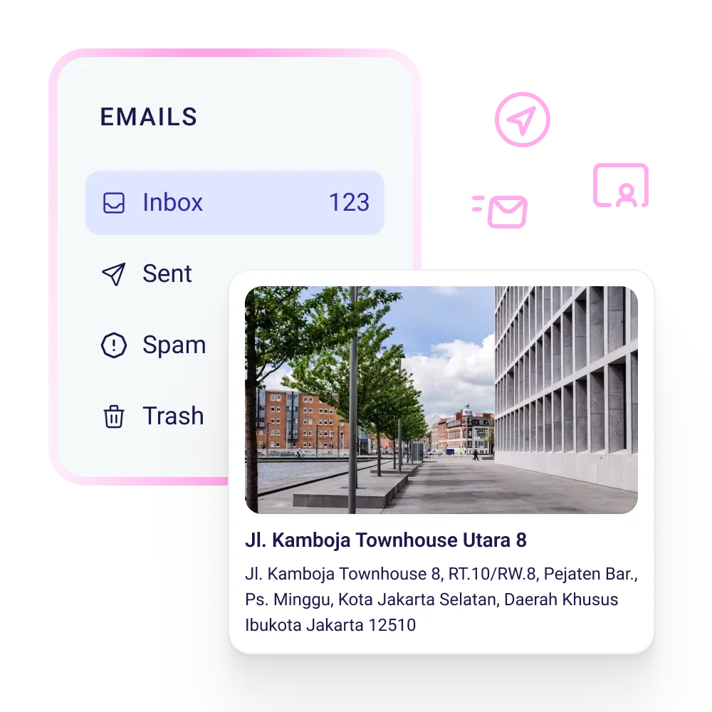 Email inbox interface showing 123 emails, with additional sections for Sent, Spam, and Trash, beside an address card displaying a modern city street view and the address Jl. Kamboja Townhouse Utara 8, Jakarta.