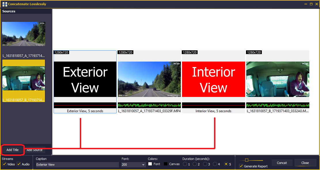 Image shows that Titles can be added when using Lossless Concatenation