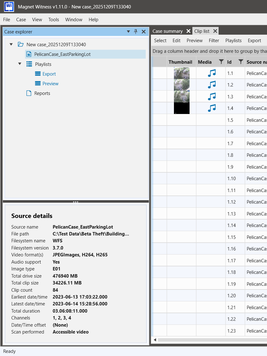 Magnet Witness Clip list with thumbnails and audio support indicated.