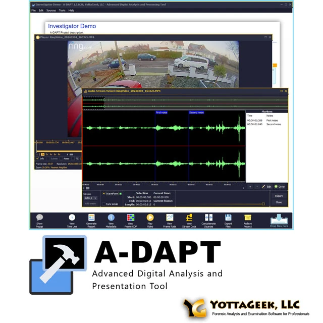 A-DAPT forensic video analysis software interface with A-DAPT and YottaGeek logos