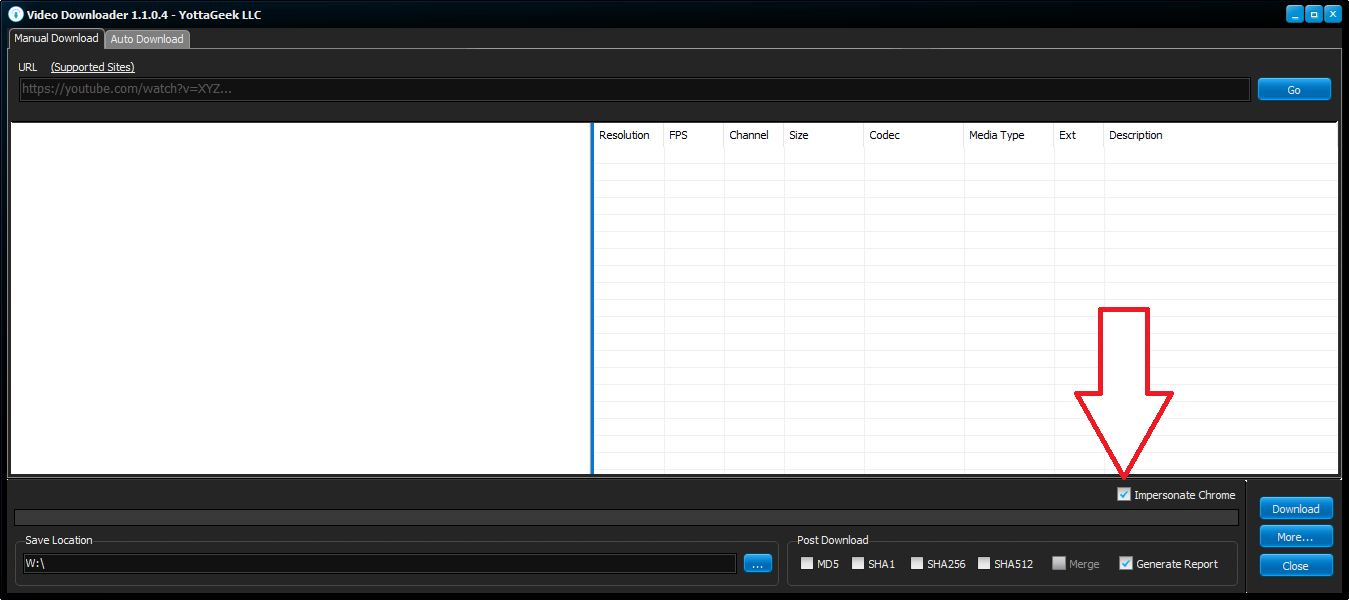Videodownloader GUI showing Impersonate Chrome selection box.
