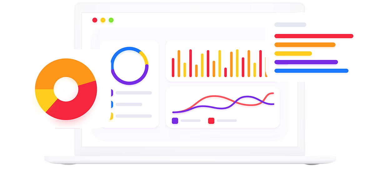 Grafik eines Dashboards mit Kreis- und Balkendiagrammen – symbolisiert messbares Wachstum im Online-Marketing.