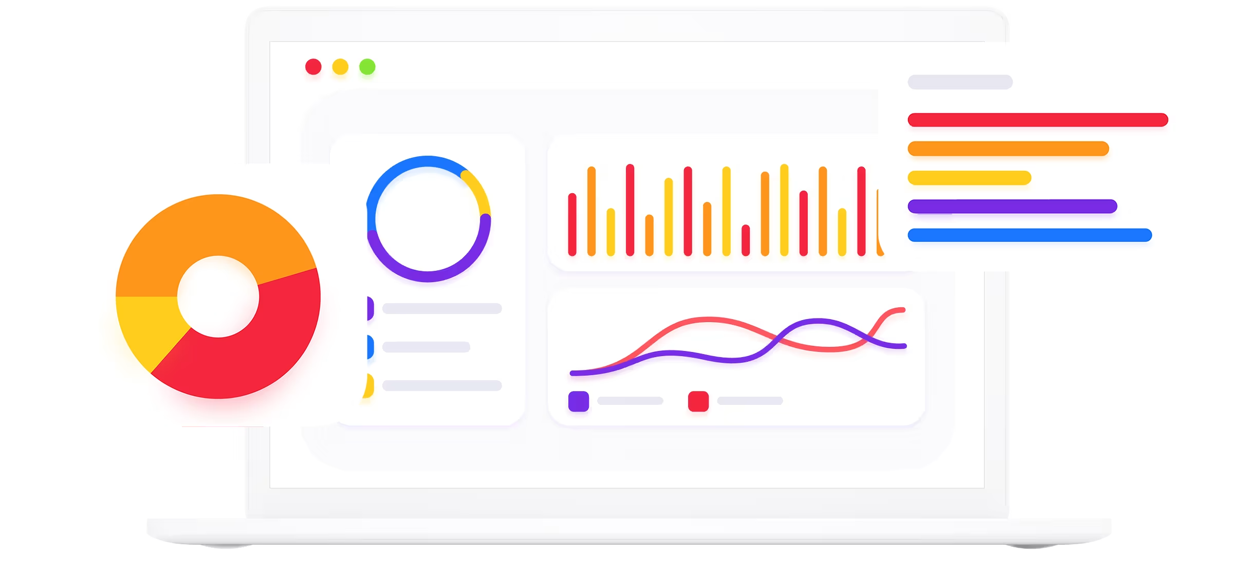 Illustration eines Laptops mit bunten Charts und Linien – steht für datengetriebenes Online-Marketing & Wachstum.