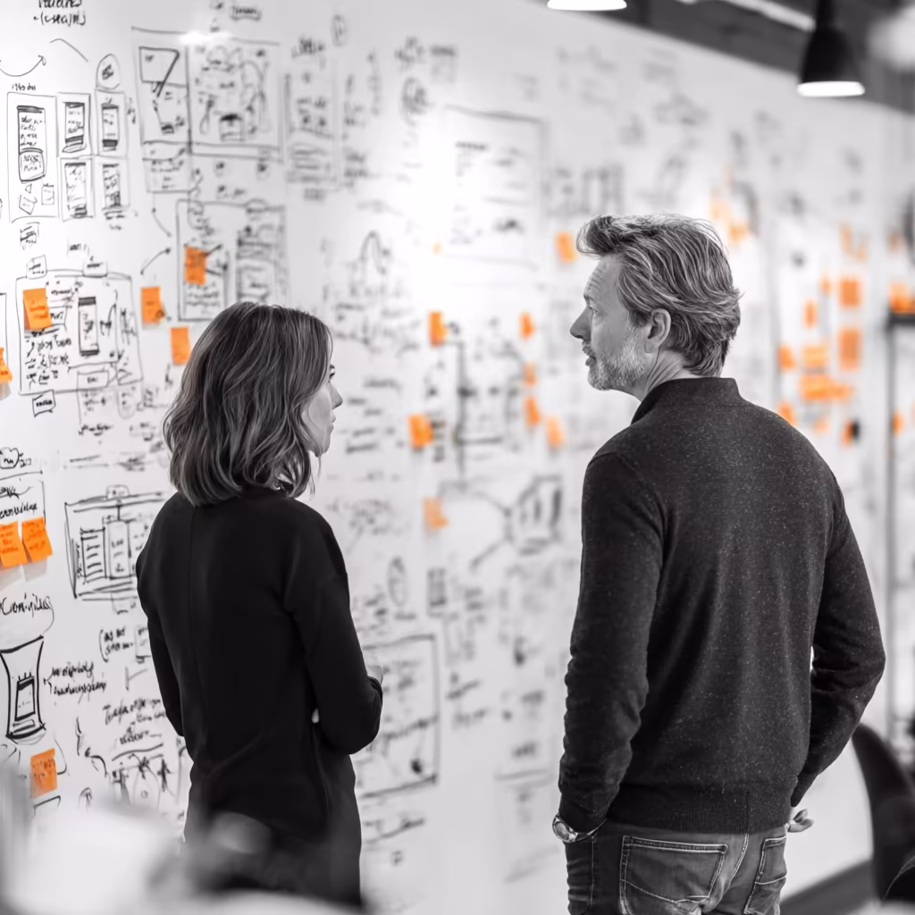 Marketing-Team analysiert Landingpage- und Conversion-Strategien an einem Whiteboard.