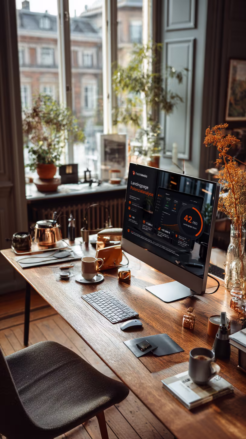 Landingspagina-analyse op een desktop met conversiedashboard en optimalisatiepotentieel