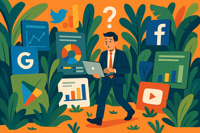 Illustration eines chaotischen Dschungels aus Marketing-Tools und App-Icons, in dem eine Person mit Laptop den Überblick verliert - Symbol für Tool-Overload im digitalen Marketing.