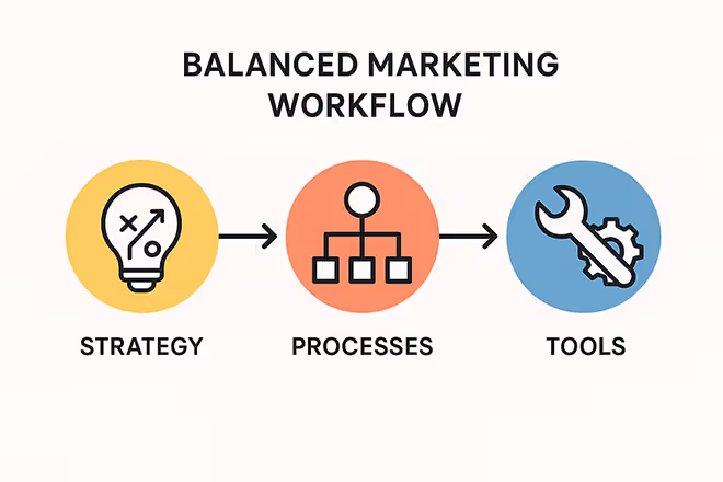 Minimalistische Infografik mit den drei verbundenen Elementen Strategie, Prozesse und Tools, die einen klaren Marketing-Workflow darstellen.